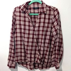 Madewell Wrap Front Arion Plaid Surplice Blouse size M burgundy/white
